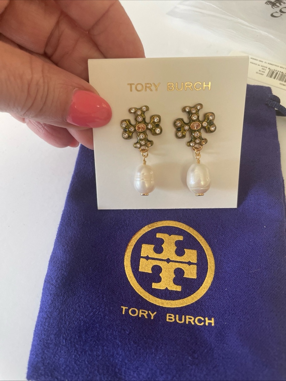 Tory Burch Gold Crystal Floral Earrings with White Pearl Drops